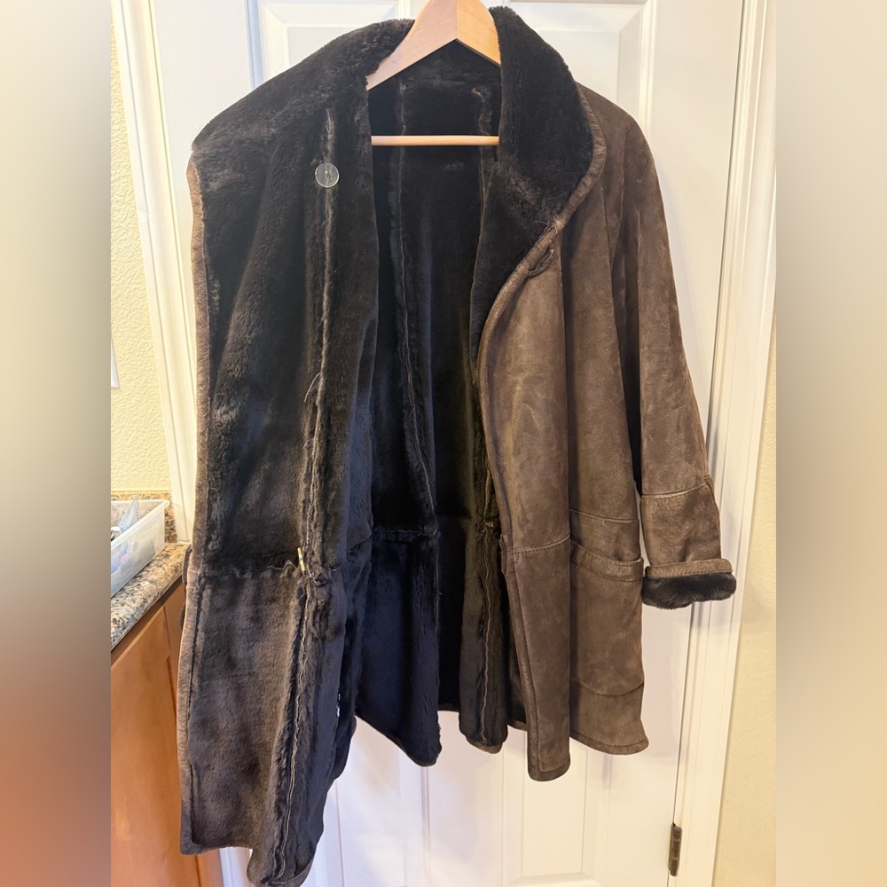 Women's Brown Shearling Coat- genuine suede. - Picture 2 of 4